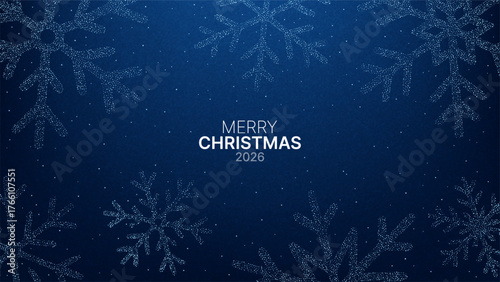 Merry Christmas 2026 glitter snowflake pattern on dark blue background. Abstract festive winter holiday greeting card design for celebration.