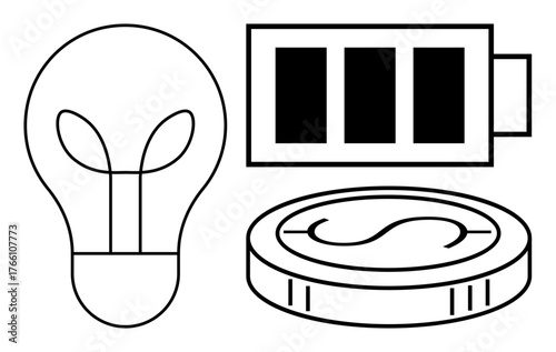 Lightbulb, battery, and coin symbolize ideas of creativity, energy efficiency, financial growth, and sustainability. Ideal for energy, finance, innovation technology eco-friendly efficiency