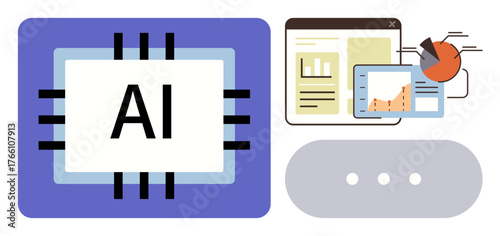 AI chip connected to analytics includes graphs, data, and charts on digital devices. Ideal for innovation, data analysis, artificial intelligence, machine learning, technology, business intelligence