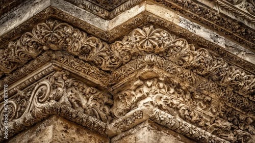 Intricate stone carving detail on a historic building facade, featuring ornate floral and scroll patterns, ancient architectural texture.