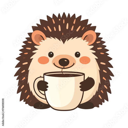 Cute cartoon hedgehog holding a warm cup of coffee with a happy expression and rosy cheeks isolated on a white background