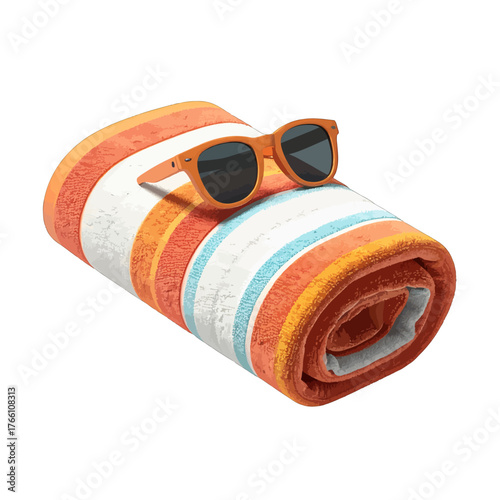 Rolled Beach Towel With Colorful Stripes And Orange Sunglasses On Top For Summer Vacation