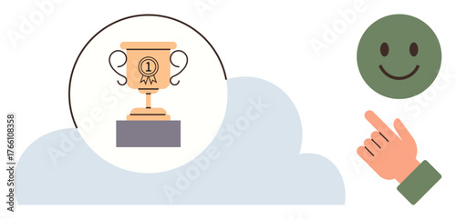 Trophy on pedestal in cloud, hand pointing at smiling face. Ideal for achievement, motivation, success, recognition, positivity, encouragement leadership. Simple flat metaphor