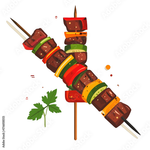 Two Skewers of Grilled Beef and Colorful Vegetables Featuring Red Bell Pepper Green Zucchini Yellow Bell Pepper and Onion Garnished With Parsley Isolated On White Background With Minimalist Style