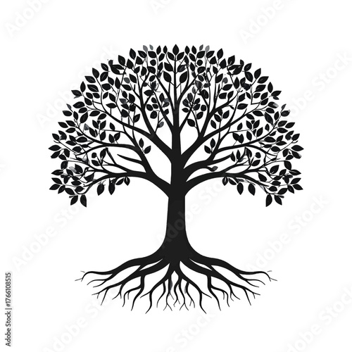 Black Silhouette Of Tree Of Life With Intricate Branches And Strong Roots On White Background