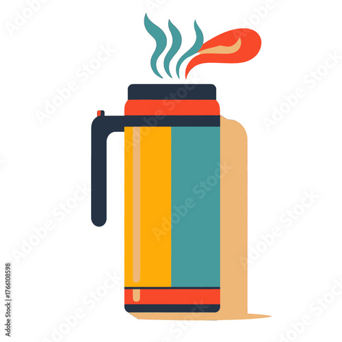 Tall Thermal Flask with Steam and Flame Graphics in Yellow Teal and Red Color Scheme on White Background