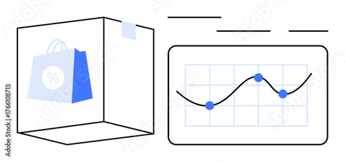Shopping bag inside box paired with a graph showing growth trends and data points. Ideal for retail, e-commerce, analytics, marketing, sales strategy, business development, simple flat metaphor
