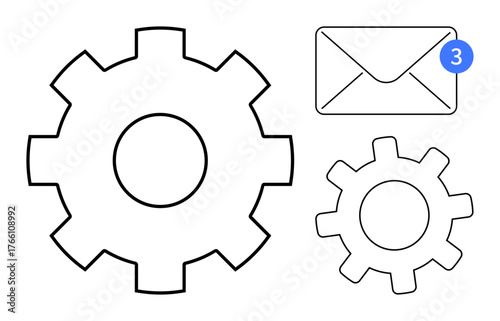 Large and small gears alongside an envelope with a notification badge representing efficiency, communication, and system operation. Ideal for workflow, updates, tools, reminders, messages