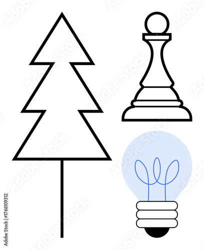 Simplified triangular tree outline, chess pawn, and light bulb with filament. Ideal for strategy, sustainability, creativity, leadership, innovation growth concept visualization. A simple flat