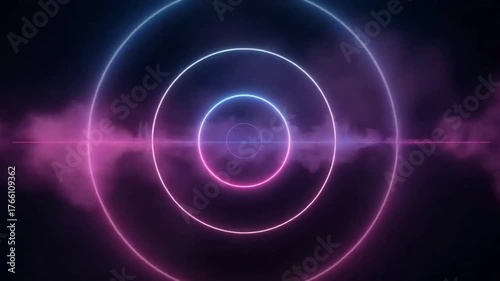 Neon Rings Abstract: A mesmerizing display of concentric neon rings, radiating a vibrant glow against a dark, smokey backdrop, creating a sense of futuristic technology.