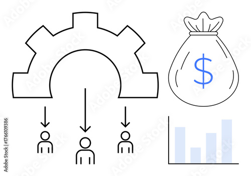 Gear above three people icons, money bag with dollar sign, bar chart. Ideal for teamwork, workflow, finance, wealth management, profit distribution investment strategy. A simple flat metaphor