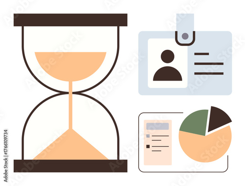 Sand timer, ID badge, and pie chart represent time management, identity verification, productivity, and workflow efficiency. Ideal for project planning, deadlines, organization efficiency time