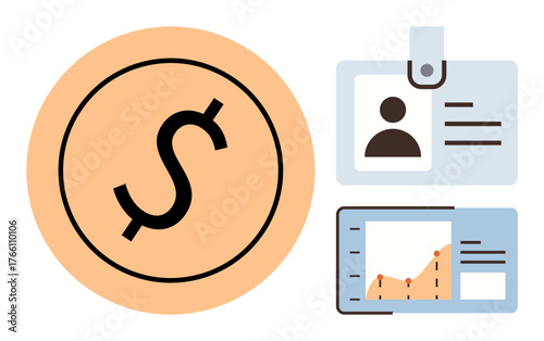 Dollar sign in circle beside identification card and financial graph suggesting earning potential, identity management, and growth. Ideal for finance, economics, growth, identity, analytics