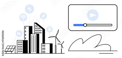 High-rise cityscape with wind turbines, solar panels, and tech icons emphasizing clean energy and connectivity. Video player interface complements urban innovation. Ideal for sustainability