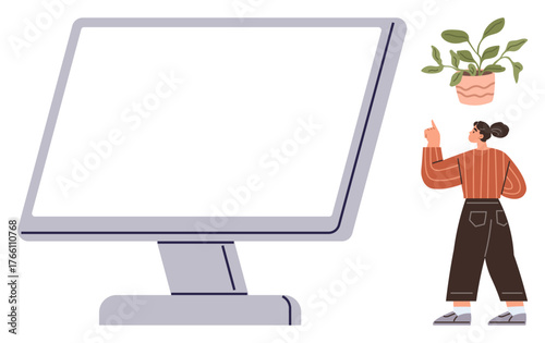 Woman pointing at a large computer screen with a plant hanging nearby. Ideal for workplace, productivity, technology, remote work, focus, balance, minimalism. A simple flat metaphor