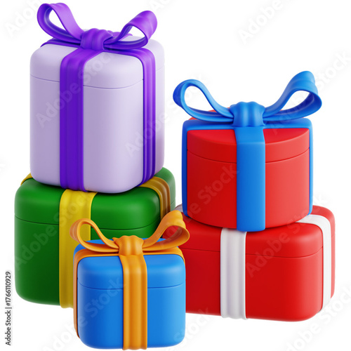 Collection of vibrant, 3D-rendered gift boxes with colorful ribbons, perfect for conveying joy, celebration, and the spirit of giving on special occasions and holidays