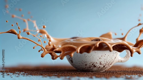Big Coffee Beans Splashing into a Cup on blue background