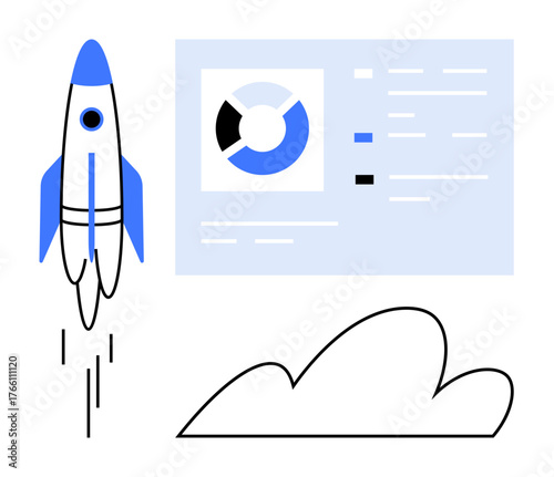 Rocket taking off near a data analysis chart and cloud, symbolizing progress, innovation, growth, strategy, technology, achievement, and startup success. Ideal for startup strategies and a simple