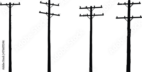 Silhouette utility poles with perched birds, power line illustration set, urban and rural landscape design, communication structure, black vector art concept