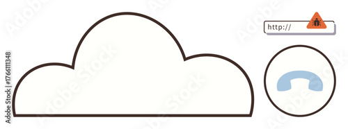 Cloud outline with internet warning triangle and phone symbol representing data security, online risk, and communication safety. Ideal for cybersecurity, cloud storage, IT risk, telecommunication