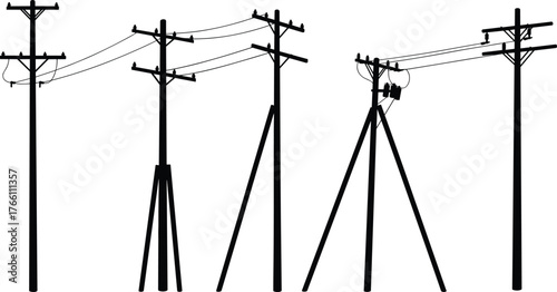 Silhouette utility poles with power lines and transformers, electrical infrastructure illustration set, engineering construction design, communication structure, black vector concept icons