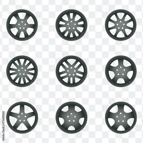 Car Wheel Alloy Rim and Hub Vector Icons Set