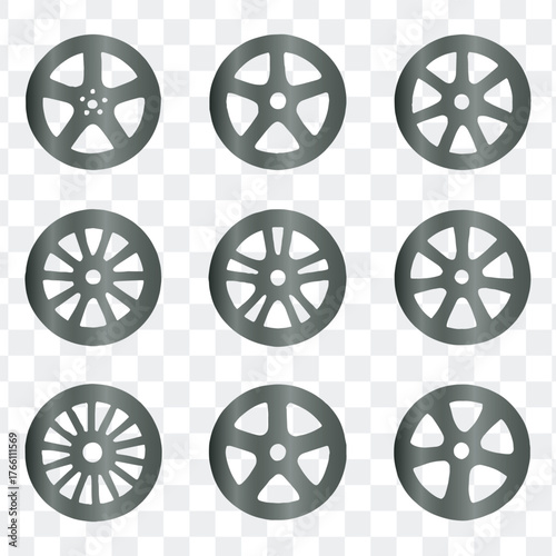 Car Wheel Alloy Rim and Hub Vector Icons Set