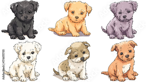 Adorable Vector Clipart of Cute Puppies with Outline, Isolated on White Background
