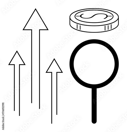 Upward arrows representing growth, coin symbolizing investment, and magnifying glass for analysis. Ideal for business, finance, market trends, investment, analytics, growth strategy economy