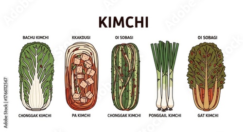 Pixelated Kimchi Illustration Displaying Various Korean Fermented Cabbage Varieties with White Background