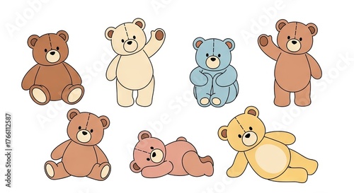 Collection Of Cartoon Teddy Bears In Various Poses Against White Background