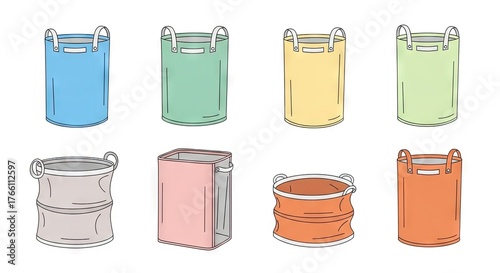 Collection of Colorful Cylindrical Storage Baskets with Handles Isolated on White Background