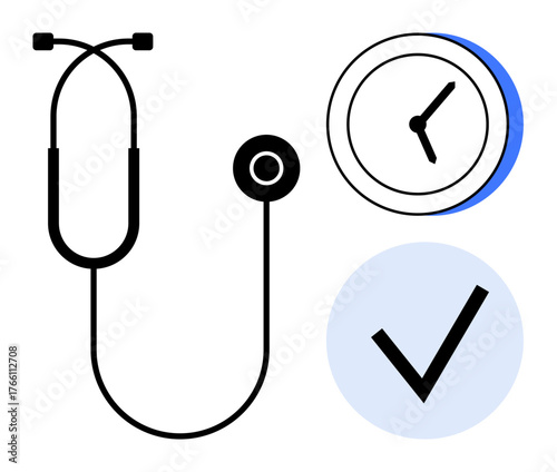Stethoscope symbolizes medicine, clock signifies time or urgency, checkmark confirms success. Ideal for healthcare, time management, reliability, medical success, safety efficiency deadlines. A