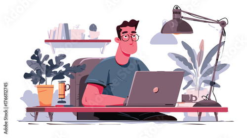 Professional Young Man Programming at Home Behind Laptop Vector