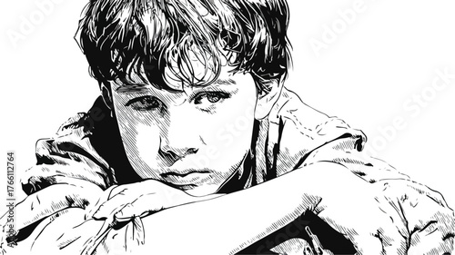 Inspirational Young Poor Boy White Background Vector Illustration for Design Projects