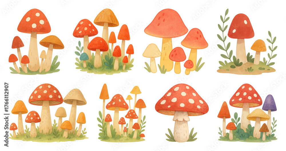 Obraz premium PNG Whimsical colorful mushroom illustrations, element set on transparent background