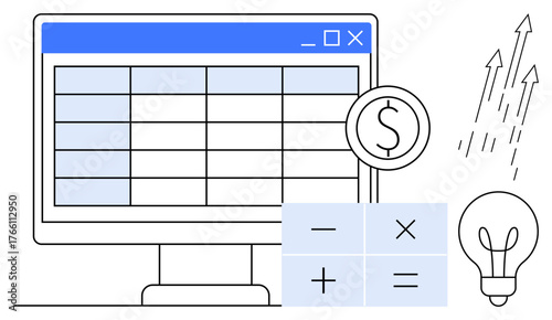 Computer displaying spreadsheet, calculator signs, dollar symbol, growth arrows, and lightbulb. Ideal for accounting, finance, data, investment problem-solving business innovation simple flat