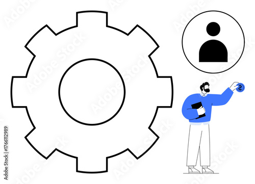 Large gear beside a circular user icon. Man in blue shirt holding notepad and orb. Ideal for teamwork, process optimization, automation, management, innovation, creativity personalization. Simple