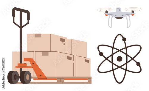 Pallet jack carrying stacked boxes, delivery quadcopter flying above, and atom symbol representing innovation. Ideal for logistics, technology, automation, science, supply chain, innovation simple