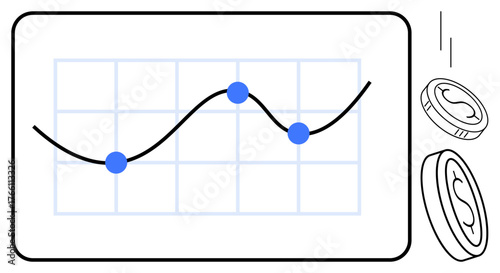 Line chart with blue data points on grid background, accompanied by coin stacks. Ideal for finance, investment, data trends, profit growth, economy, market analysis business metrics. Simple flat