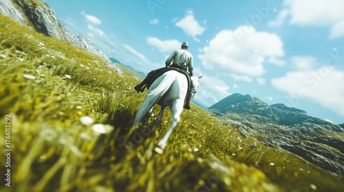 Rear view of a man on a white horse ascending a grassy mountain slope under a blue sky, conveying adventure and freedom in a vast landscape.
