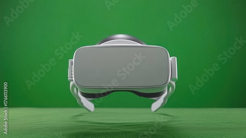 White virtual reality (VR) headset against a vibrant green screen background, perfect for chroma key compositing.