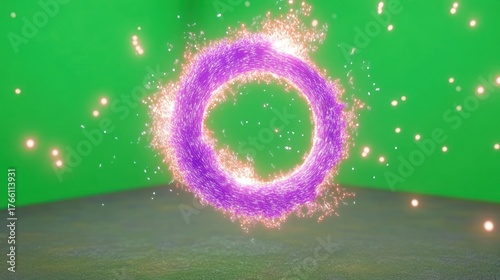 Purple glowing energy ring with sparkling particles on green screen for visual effects
