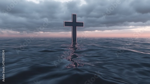 Glowing Christian Cross Stands in Dark Ocean Water Under a Cloudy Sunset Sky