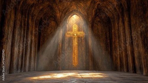 Luminous Golden Cross in Ancient Stone Vaulted Chamber with Divine Light Rays