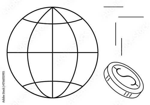 Grid-lined globe and circular currency coin conveying global trade, economy, finance, and market themes. Ideal for economics, globalization, investment, commerce, wealth management simple flat