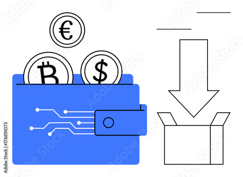 Blue wallet holding Bitcoin, Euro, Dollar coins alongside download arrow and box. Ideal for finance, cryptocurrency, security, e-commerce, transactions, savings minimalistic flat metaphor
