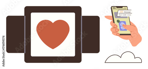 Smartphone displaying secure code for payment or donation, red heart on a display, cloud element. Ideal for finance, charity, security, technology, love, online services simple flat metaphor