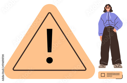 Large yellow warning triangle with exclamation mark alongside a person in casual outfit. Ideal for caution, awareness, safety, personal boundaries, individuality, responsibility, simple flat metaphor