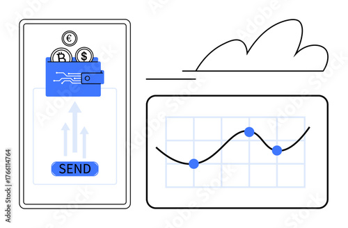 Mobile wallet with cryptocurrency symbols and send button beside graph showing data analytics and growth. Ideal for fintech, blockchain, money transfer, financial tracking, mobile banking